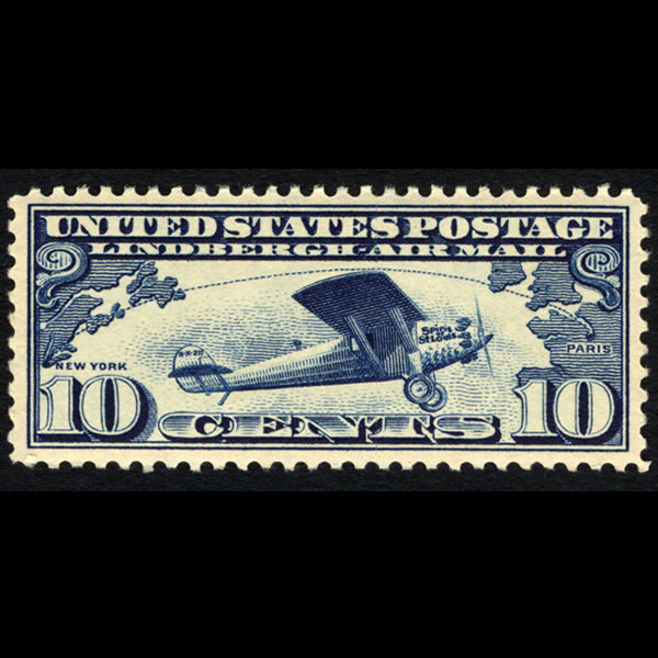 1927 U.S. Airmail Stamp #C10 - Lindbergh Tribute - Spirit of At. Louis - image from arago.si.edu and is representative only