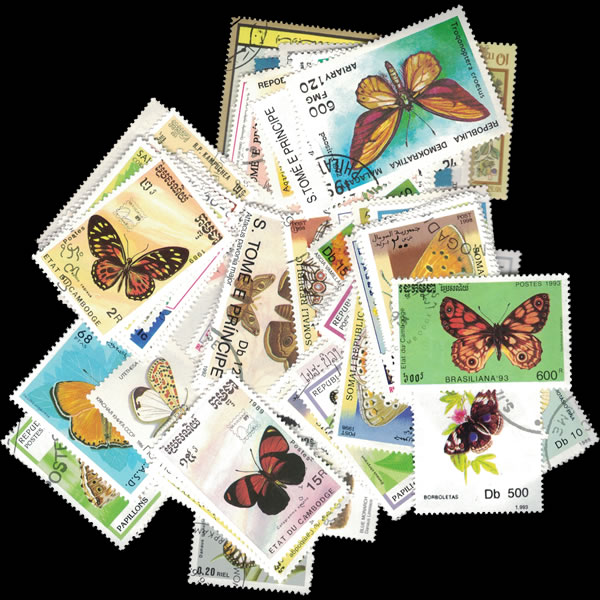 100 Butterfly Stamps - used Worldwide Topical Stamp Packet