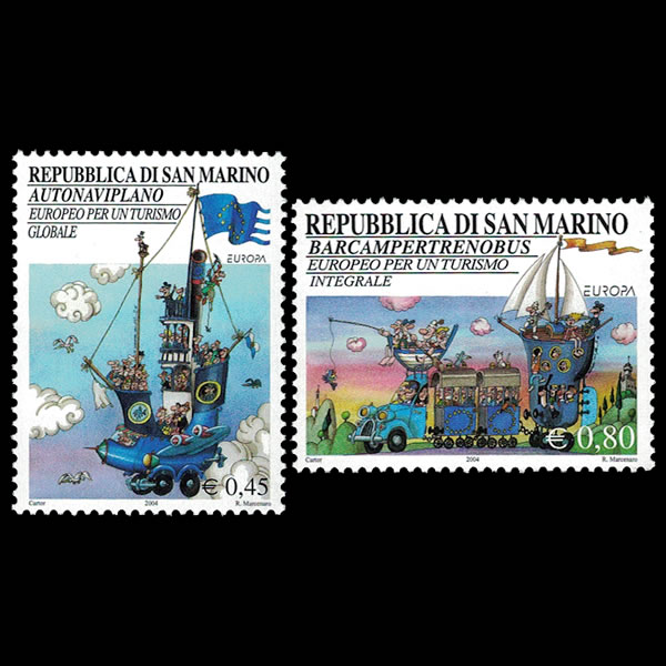 San Marino Fantasy Vehicle Stamp Set. Catalog #1604 and 1605.